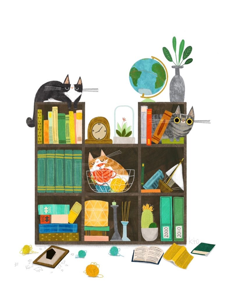 Three Cats Bookshelf Print 3 Cat Illustration Cat Lover | Etsy
