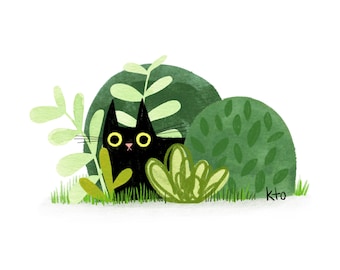 Black Cat Plants - Cute Cat Illustration Print - Cat Lover Gift