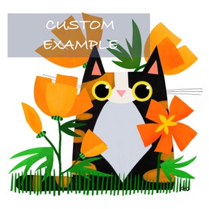 Cute Cat Art - Poppy Cat Print - Cat Illustration -  California Poppies - Cat Lover - Flower Lover