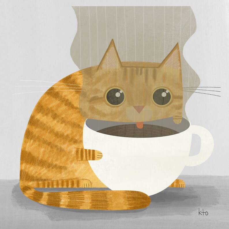 Coffee Cat Cute Art Print Cat Lovers Coffee Lovers Cat Etsy