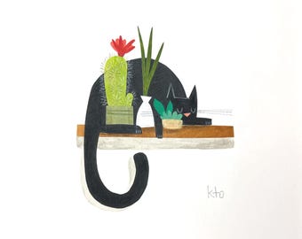 Plant Shelf Cat ORIGINAL 8" x 8" Cut Paper Collage Artwork
