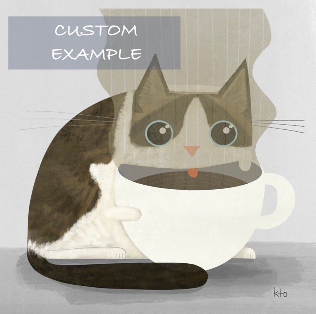 Coffee Cat Cute Art Print Cat Lovers Coffee Lovers Cat Illustration