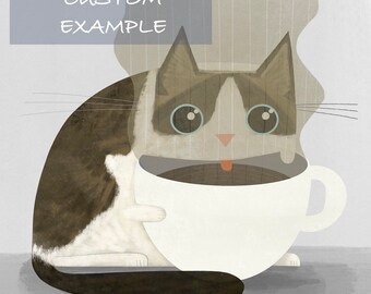 CUSTOM 8x8 Coffee Cat Cute Art Print - Cat Lovers - Coffee Lovers - Cat Illustration - Coffee Art - Cat Art- Kitchen Print