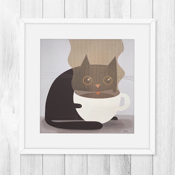 12x12 Coffee Cat Cute Art Print - Cat Lovers - Coffee Lovers - Cat