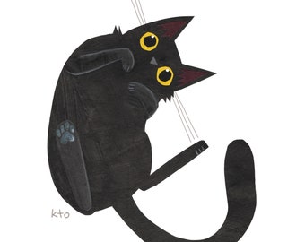 Black Cat 12 BEWITCH Collage Print - Black Cat October Cat Illustration - Cute Art - Cat Lover