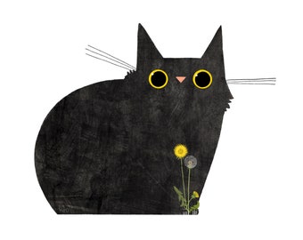Black Cat Dandelions Print - Cat Illustration - Cute Art - Cat Lover