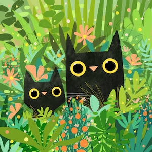 12x12 Cats in Garden Art Print - Illustration - Cat Lover Gift