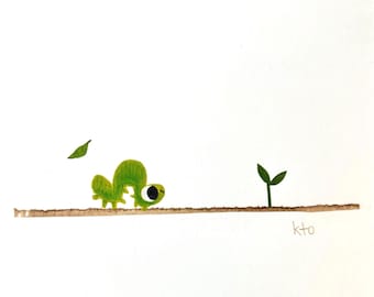 Inchin' Inchworm ORIGINAL 6.5" x 6.5" Cut Paper Collage Artwork