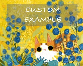 Blue on Gold Flower Cat Art Print customizable - Yellow Illustration - Cat Lover Gift