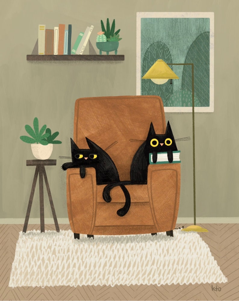 12x15 Two Cats in Chair Cat Art Print Black Cat Illustration Cat Lover Gift image 1