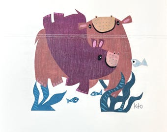 Hippo Mama and Baby ORIGINAL 8" x 8" Cut Paper Collage Artwork