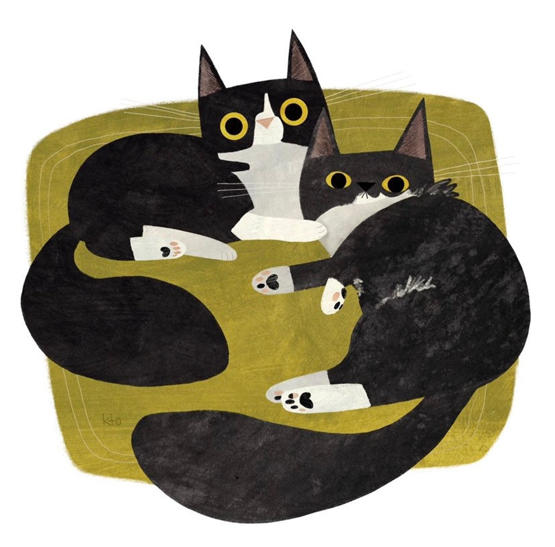 Two Tuxedo Cats Print - Tuxies Cat Illustration - Cute Art - Cat Lover ...