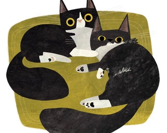 Two Tuxedo Cats Print - Tuxies Cat Illustration - Cute Art - Cat Lover