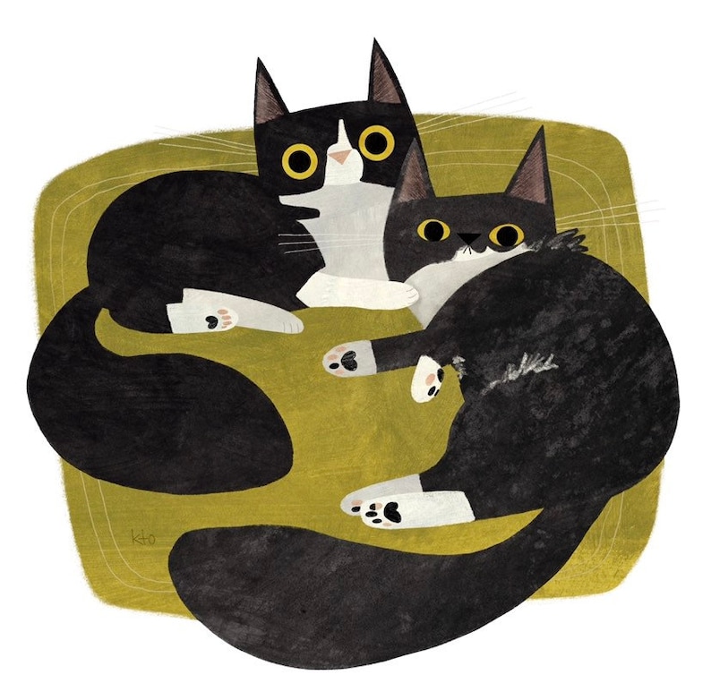 May include: Two black and white cats with yellow eyes are curled up together on a green cushion. The cats are facing each other and appear to be cuddling.
