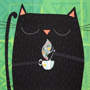 Cat Art - Tea Lovers Print - Cute Cat Art - Black Tea Cat - Cat Illustration - Tea Print