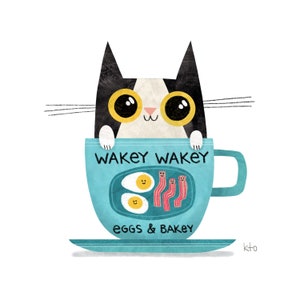 Breakfast Cup Cat Cute Art Print - Cat Lovers - Coffee Lovers - Cat Illustration - Coffee Art - Cat Art- Kitchen Print