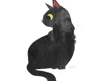 Black Cat 02 SURVEY Collage Print - Black Cat October Cat Illustration - Cute Art - Cat Lover