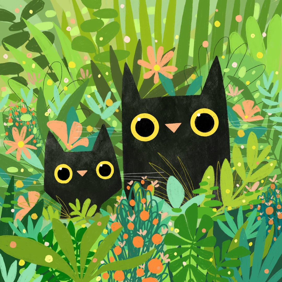 Cats In Garden Print - Cat Illustration - Mother's Day Cute Art