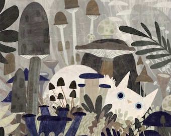 Mushroom Indigo Cat Art Print - Illustration - Cat Lover Gift