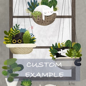 CUSTOM 8x10 Three Cats Hanging Plants Print - 3 Cat Illustration - Cat Lover Gift