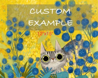 12x15 or 12x16 CUSTOMIZABLE Blue Gold Flower Cat Art Print - Yellow Illustration - Cat Lover Gift