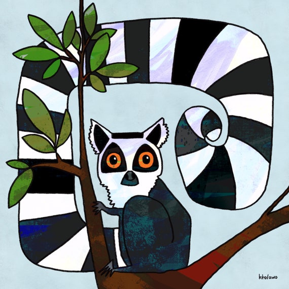 Cute Animal Print - Lemur Illustration - Nursery Art - Ringtailed Lemur - Kids Room Print - Fun Art Print