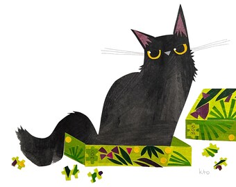Black Cat 24 ACQUIRE Collage Print - Black Cat October Cat Illustration - Cute Art - Cat Lover