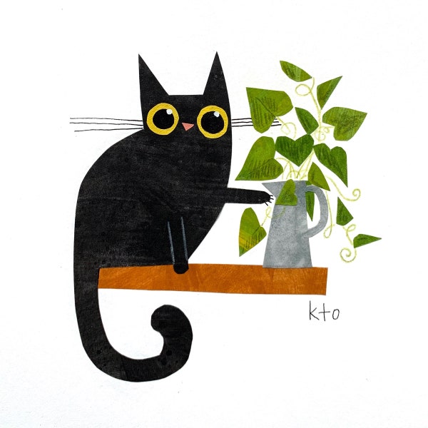 Plant Cat Print Shelfie- Black Cat Illustration - Cute Cat Art