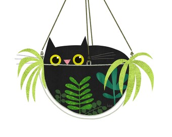 12x12 Black Cat Terrarium Art Print - Cute Cat Art - Cat Plants Illustration - Cat Lover Gift