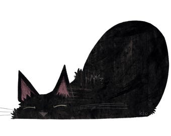 Black Cat Long Loaf Print - Cat Illustration - Cute Art - Cat Lover