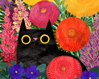 Cat Blooms Art Print - Illustration - Cat Lover Gift