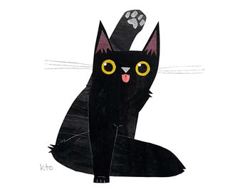 Black Cat 19 FREEZE Collage Print - Black Cat October Cat Illustration - Cute Art - Cat Lover