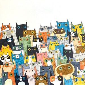 12x12 Fifty Cats Pen Ink Art Print - Illustration - Cat Lover Gift