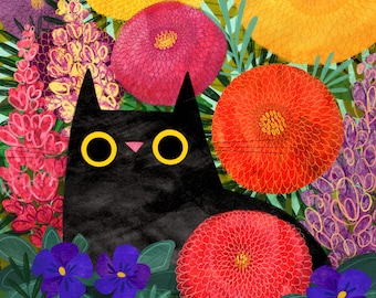 12x12 Cat Flower Blooms Art Print - Illustration - Cat Lover Gift