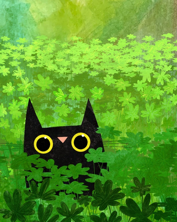 Shamrock Clover Cat Illustration Print Cat Lover Gift Etsy