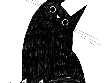Curious Black Cat Illustration - Cat Drawing - Black and White