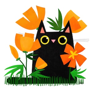 12x12 Poppy Cat Art Print - Cat Illustration -  California Poppies - Cat Lover - Flower Lover