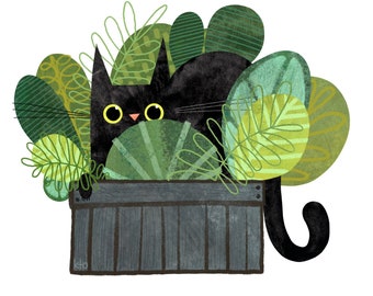 Cat Plant Garden Bed Print - Cat Illustration - Cute Art - Cat Lover