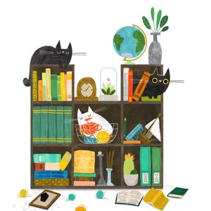 Three Cats Bookshelf Print - 3 Cat Illustration - Cat Lover Gift