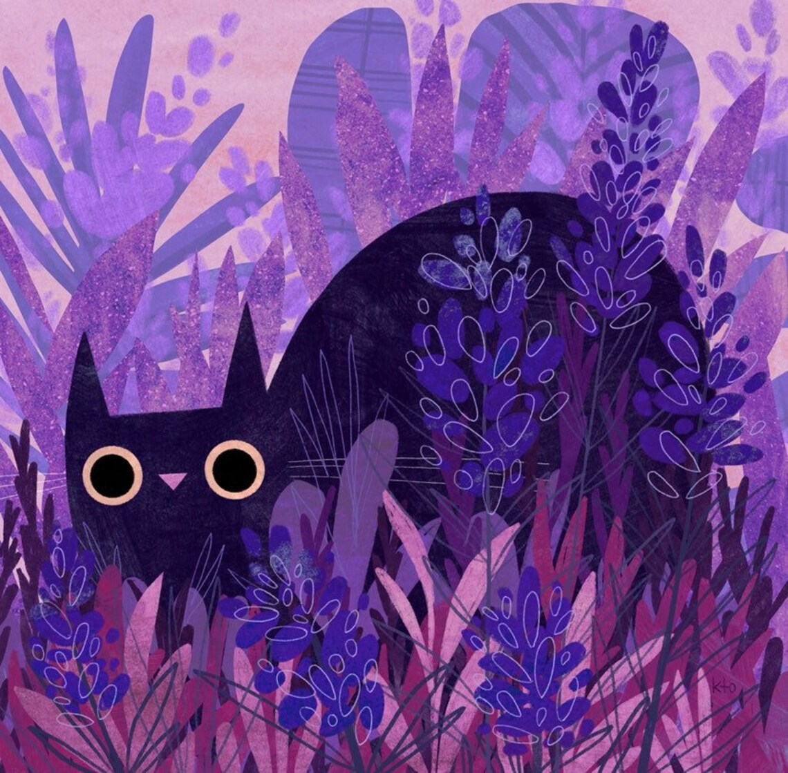 Purple Lavender Cat Art Print Illustration Cat Lover Gift Etsy