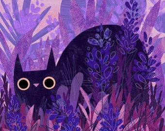 Purple Lavender Cat Art Print - Illustration - Cat Lover Gift