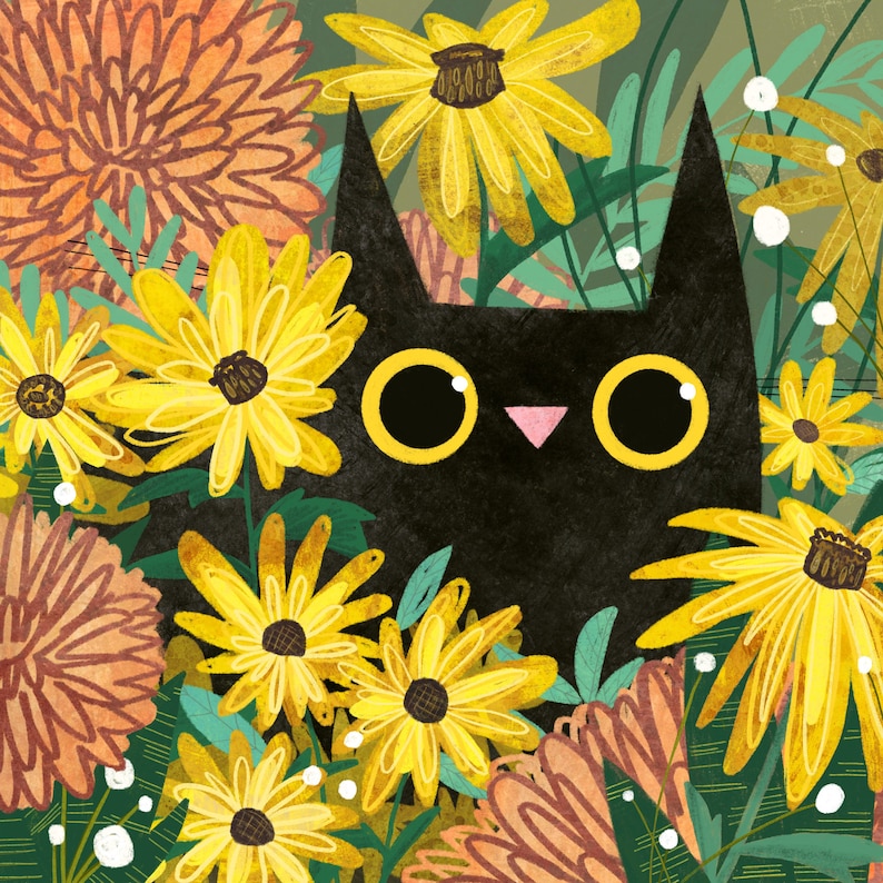 Wildflower Cat Art Print black eyed susans Illustration Cat Lover Gift Black