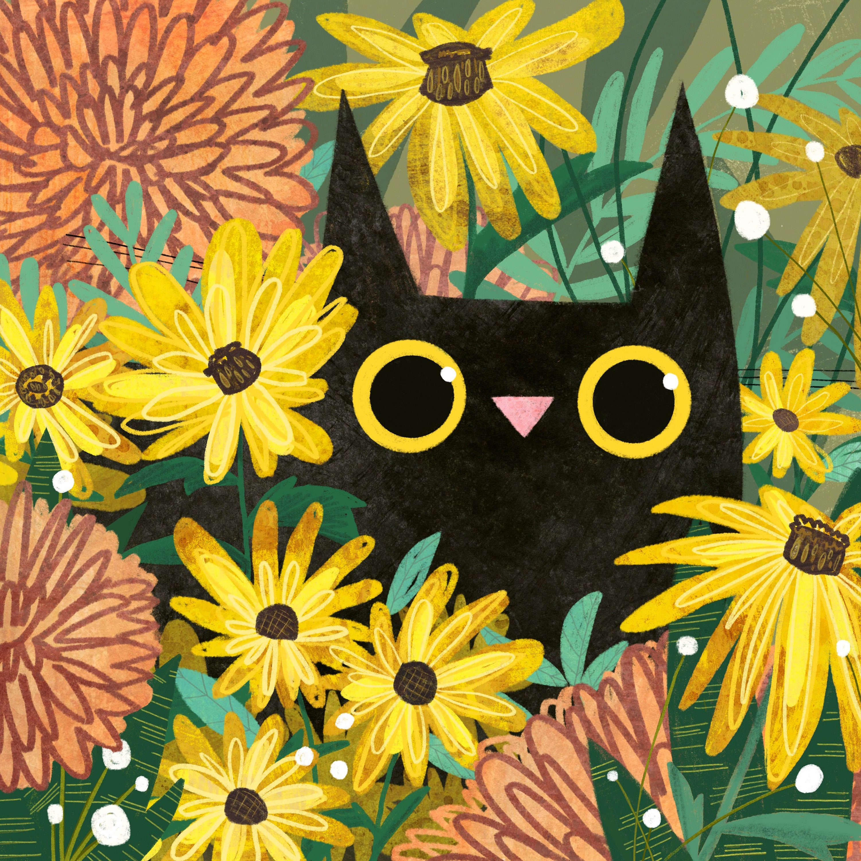 Wildflower Cat Art Print - Black Eyed Susans - Illustration