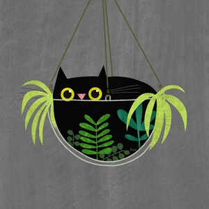 Lámina artística de planta de gato - Ilustración de gato lindo - Gato negro - Plantas de terrario para gatos - Regalo para amantes de los gatos Grey