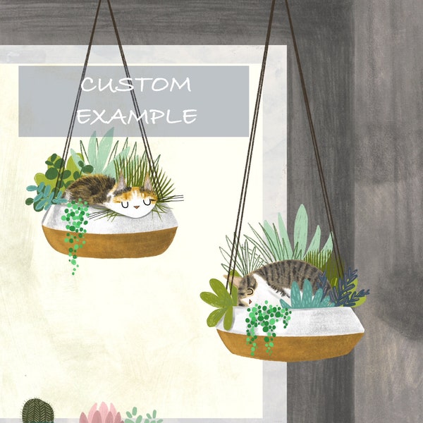 CUSTOM 8x10 Two Cats Hanging Plants Print - Cat Illustration - Cat Lover Gift