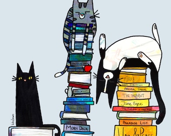 May include: Three black cats with white markings are stacked on top of a pile of books. The books are all different colors and have titles like "Moby Dick", "War & Peace", "The Hobbit", and "Jane Eyre".