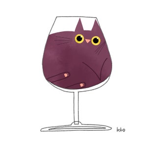 May include: A black cat with yellow eyes is inside a glass of red wine. The cat is curled up in the glass, with its paws visible. The glass is on a white background.