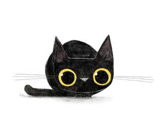 Black Cat Crouching House Panther Print - Cat Illustration - Cute Art - Cat Lover
