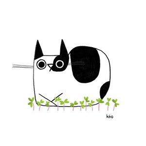 Cat Plant Garden Print - Black White Cat Illustration - Cute Art - Cat Lover