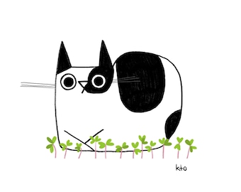 Cat Plant Garden Print - Black White Cat Illustration - Cute Art - Cat Lover